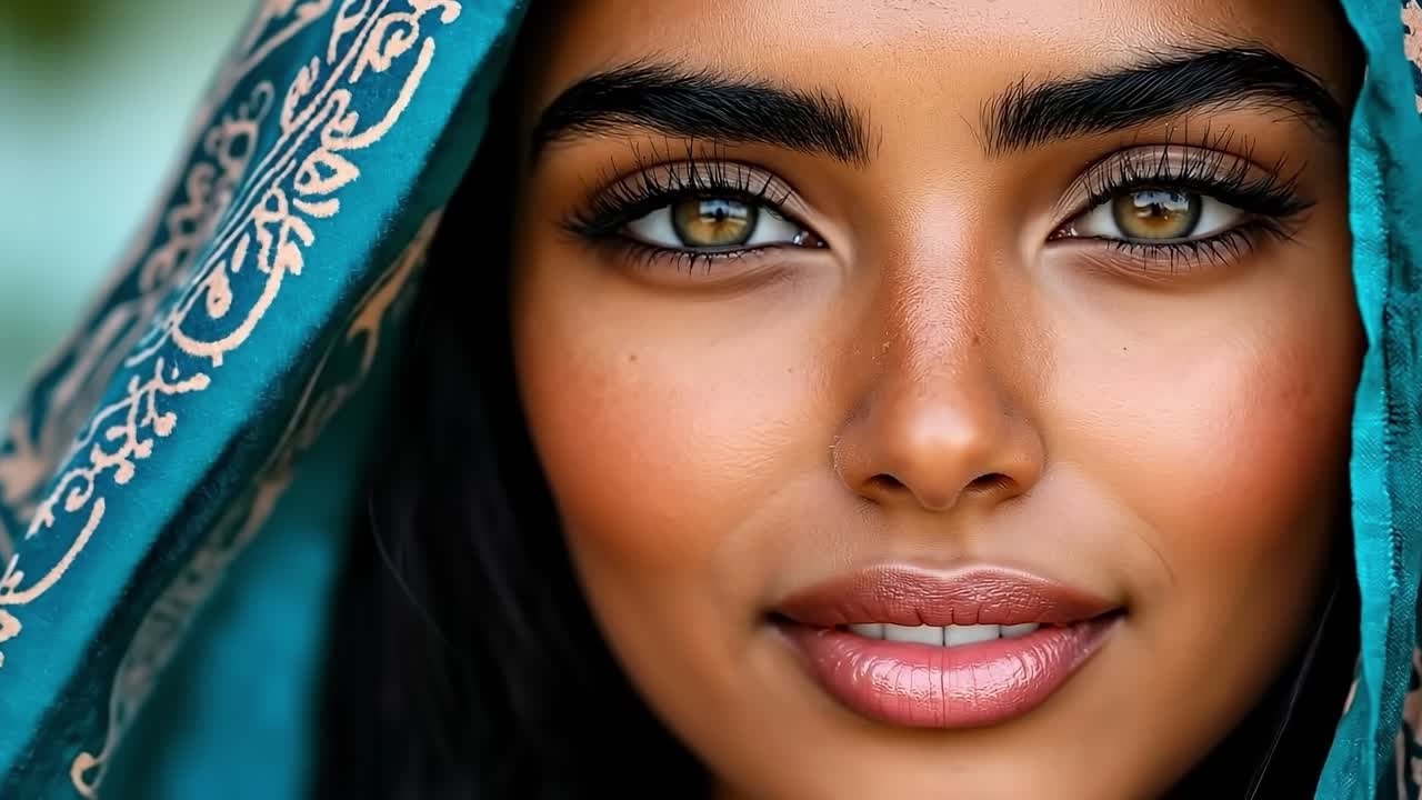 A close up of a woman's face with a blue veil over her head