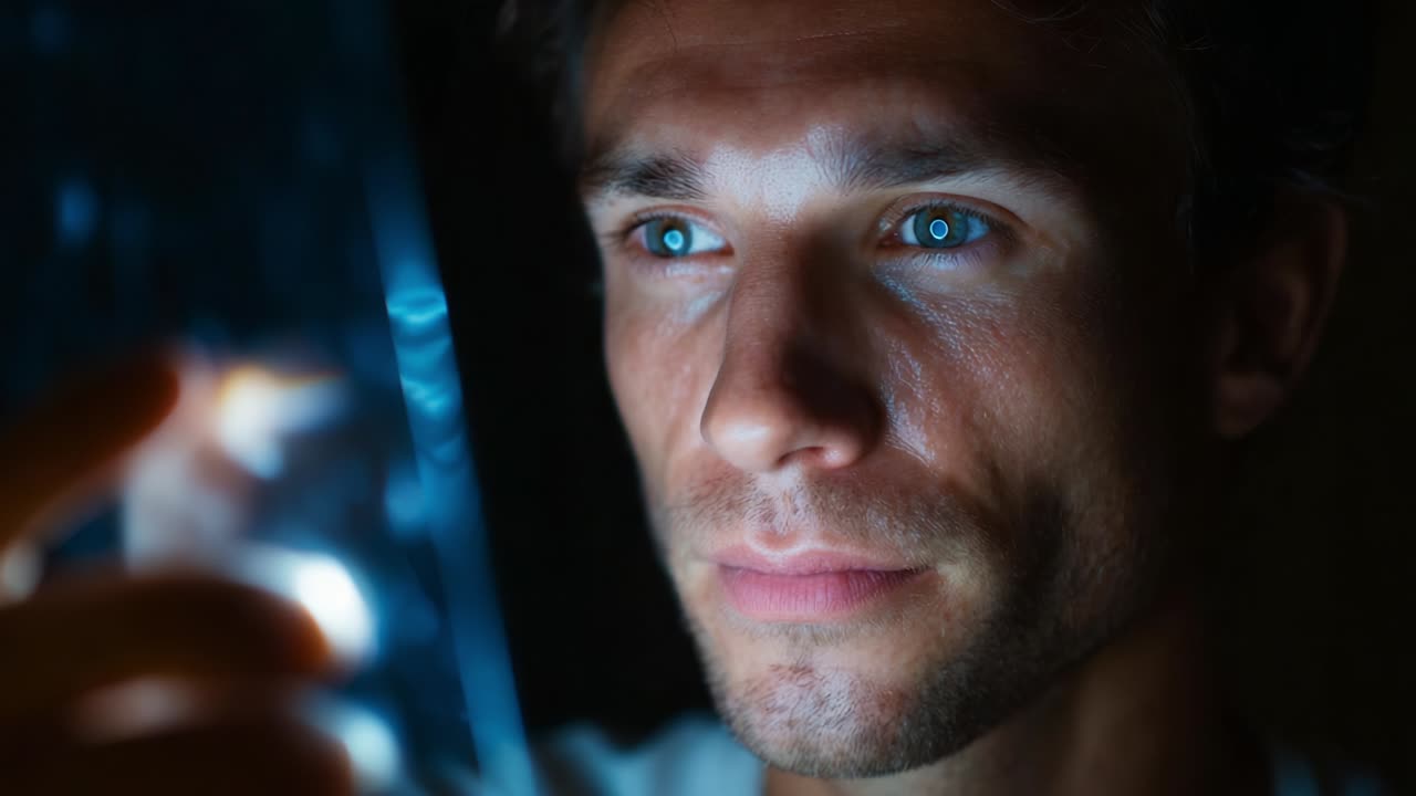 Intrigued by Reflection: A Close-Up Look at a Young Man Captivated by the Light from a Transparent Object, His Intense Blue Eyes Reveal Curiosity and Fascination in a Dark Setting
