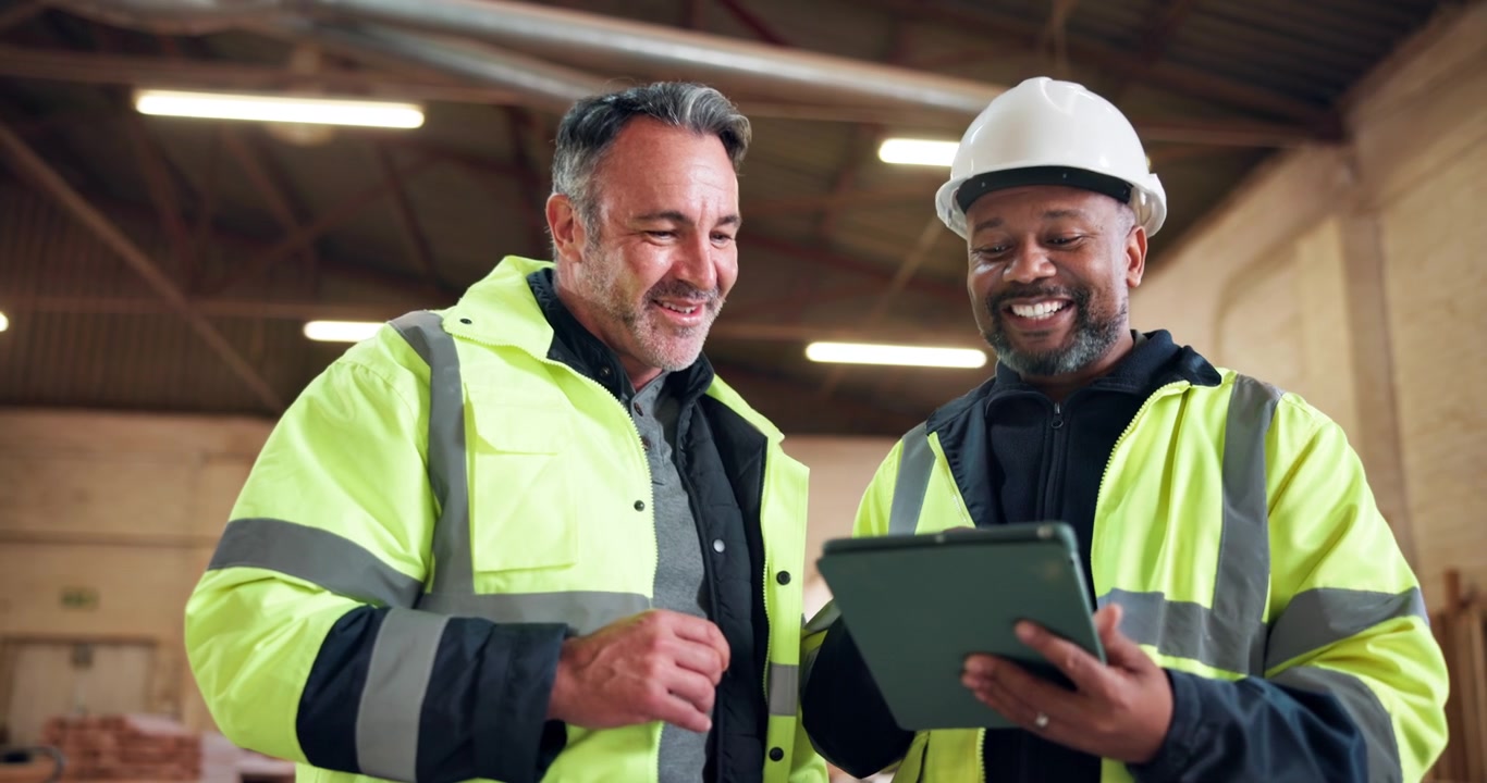 Two Construction Managers Discussing Project Plans on Tablet in Warehouse