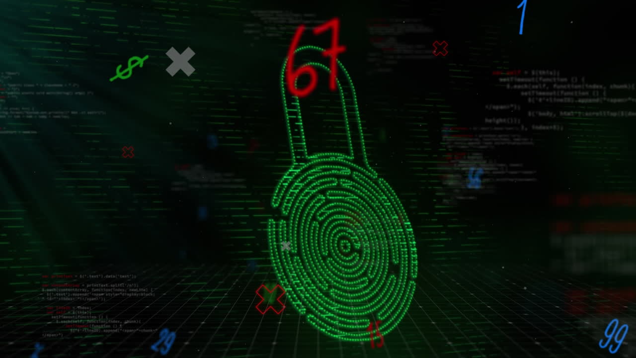 Animation of screen with data processing and biometric padlock
