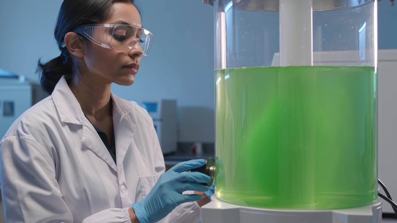A professional female scientist in a lab coat and safety goggles inspecting a large tank of green liquid