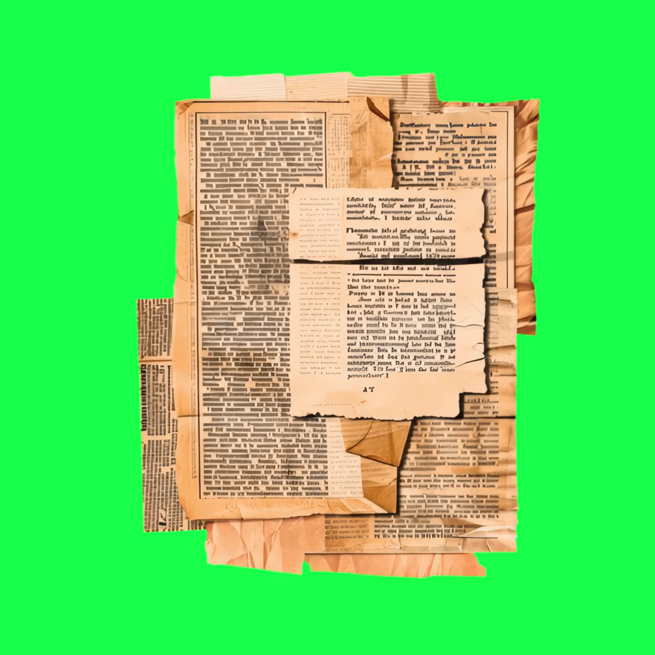 Vintage newspaper collage art animation, transparent 4K video, green screen