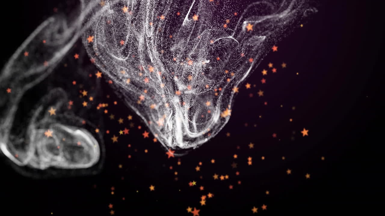 Animation of dynamic wave pattern and falling stars and dots against black background