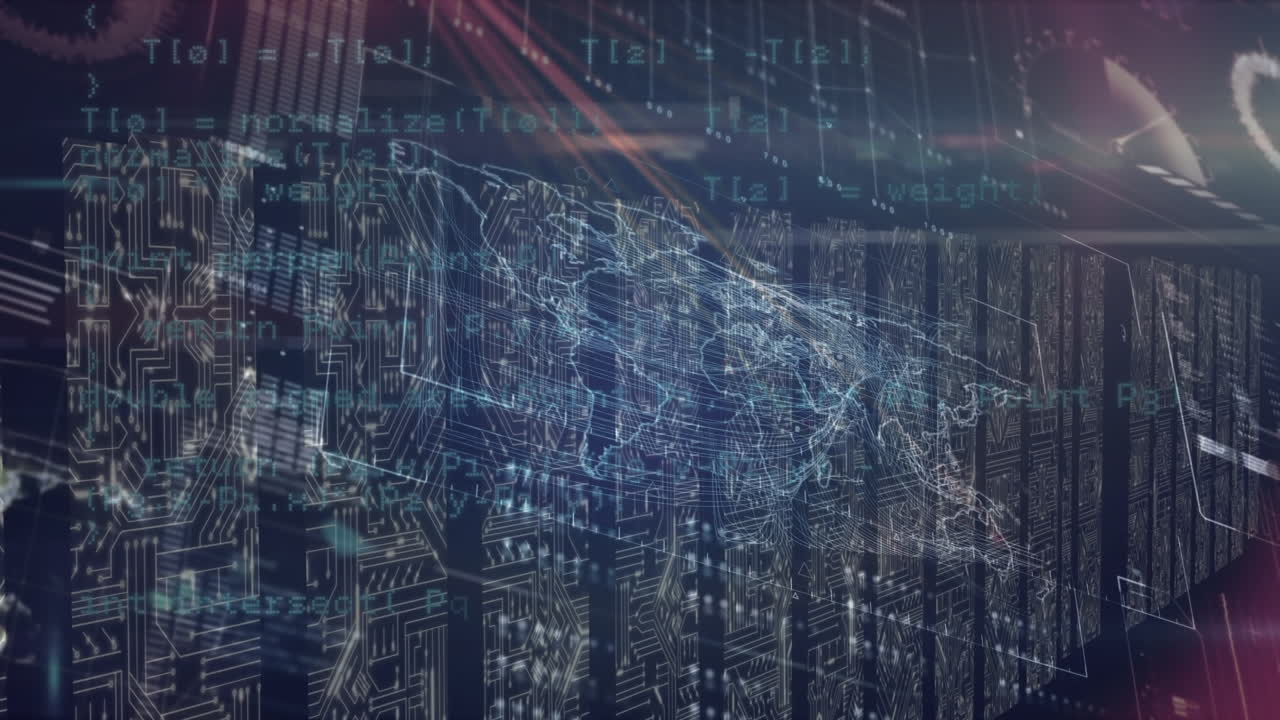 animación del mapa del mundo y procesamiento de datos en la sala del servidor