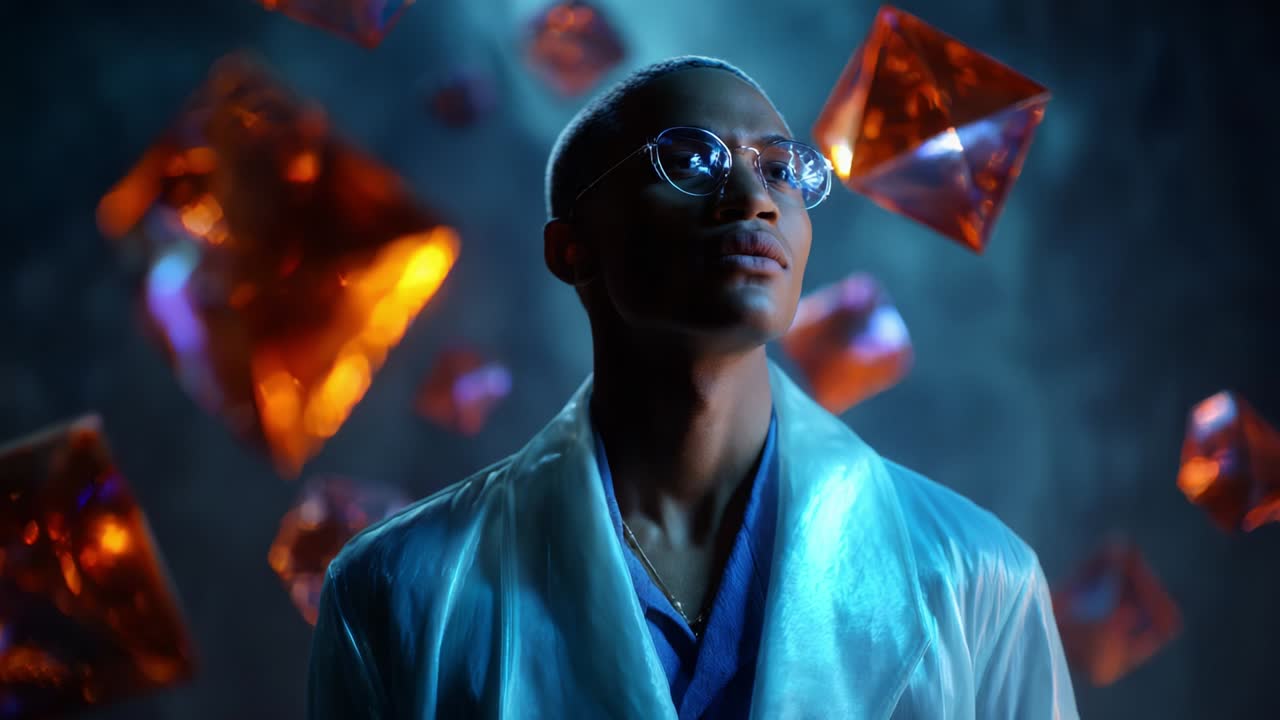 Futuristic portrait of a man with floating crystals