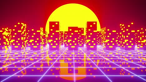 retro synthwave neon lit cityscape with the sun setting or rising in the background 4k animation