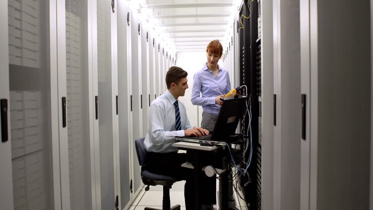 Tecnici che utilizzano un analizzatore di cavi digitale su un server
