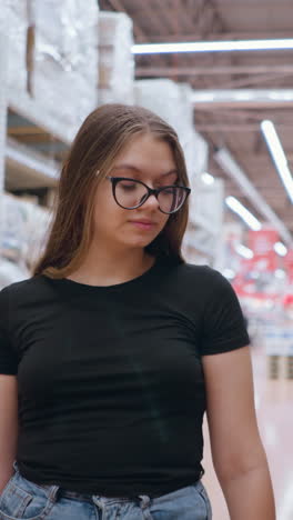 mujer de camiseta negra caminando cerca de un estante de supermercado centrado en la exhibición de productos textiles, con un fondo borroso que muestra a otro comprador empujando el carrito en la distancia, entorno minorista brillante