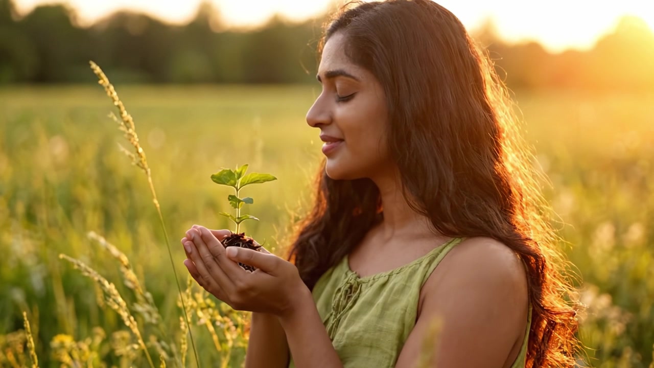 Coltivare la natura: una donna in un campo illuminato dal sole si prende cura delicatamente di una giovane pianta, simboleggiando speranza e crescita in un ambiente naturale sereno.