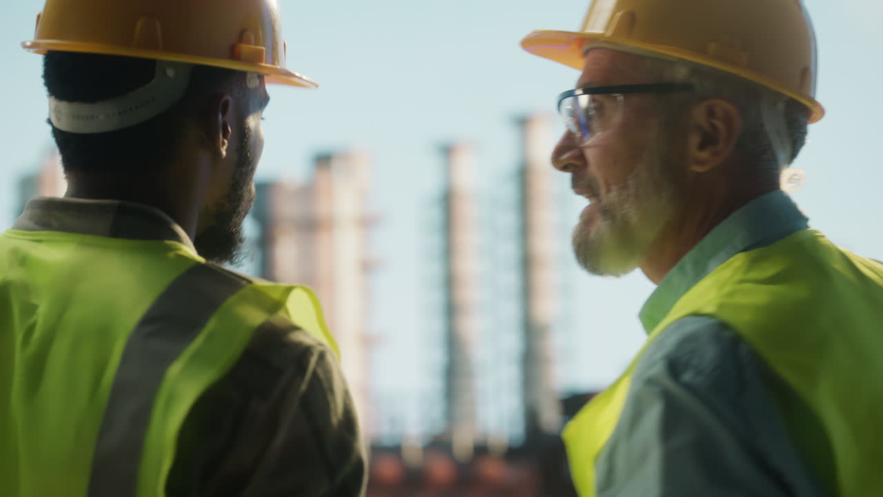 Engineers or Construction Workers Discussing Plans at an Industrial Site