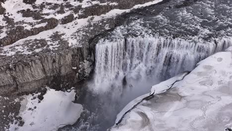 waterfall in iceland, frozen surroundings with flowing water and snow-covered terrain