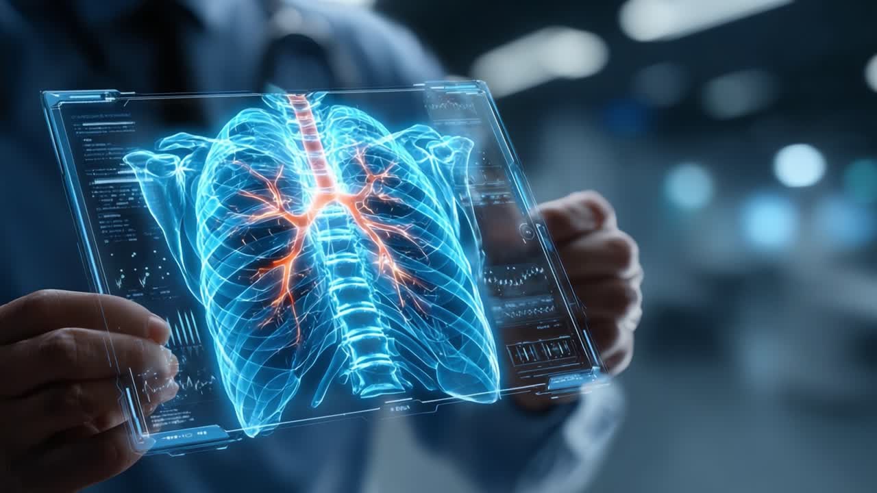 A Doctor Analyzing Advanced 3D Visualization of Human Lungs with Vascular Structure Highlighted, Demonstrating Cutting-Edge Medical Technology in Healthcare