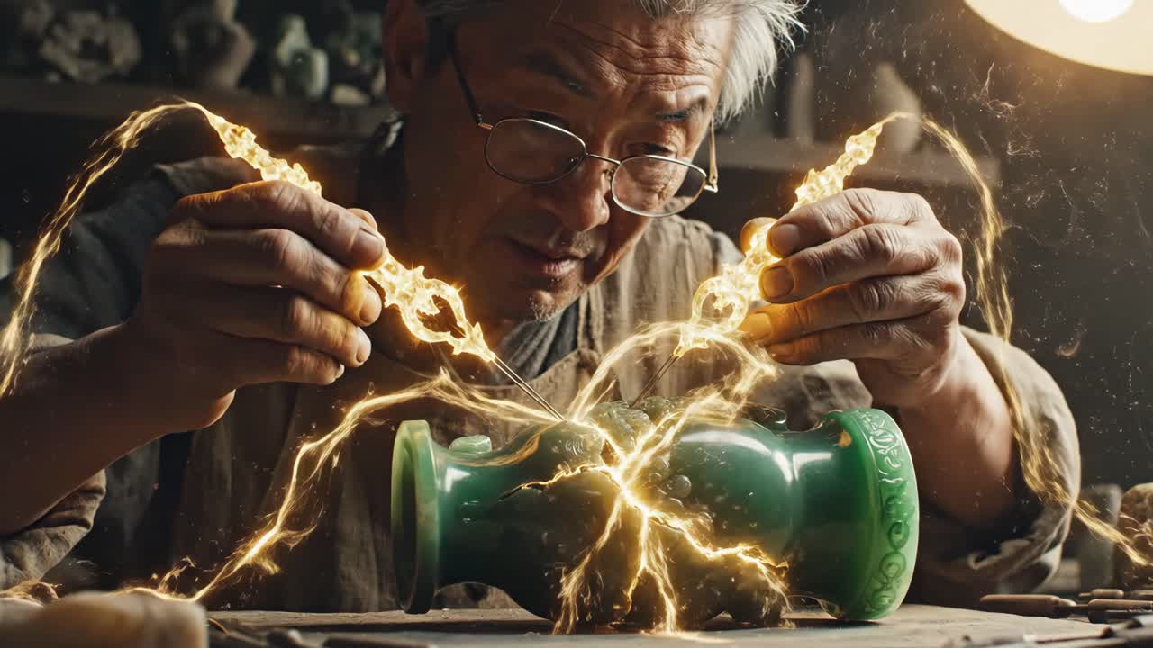 Asian craftsman repairing jade sculpture with energy