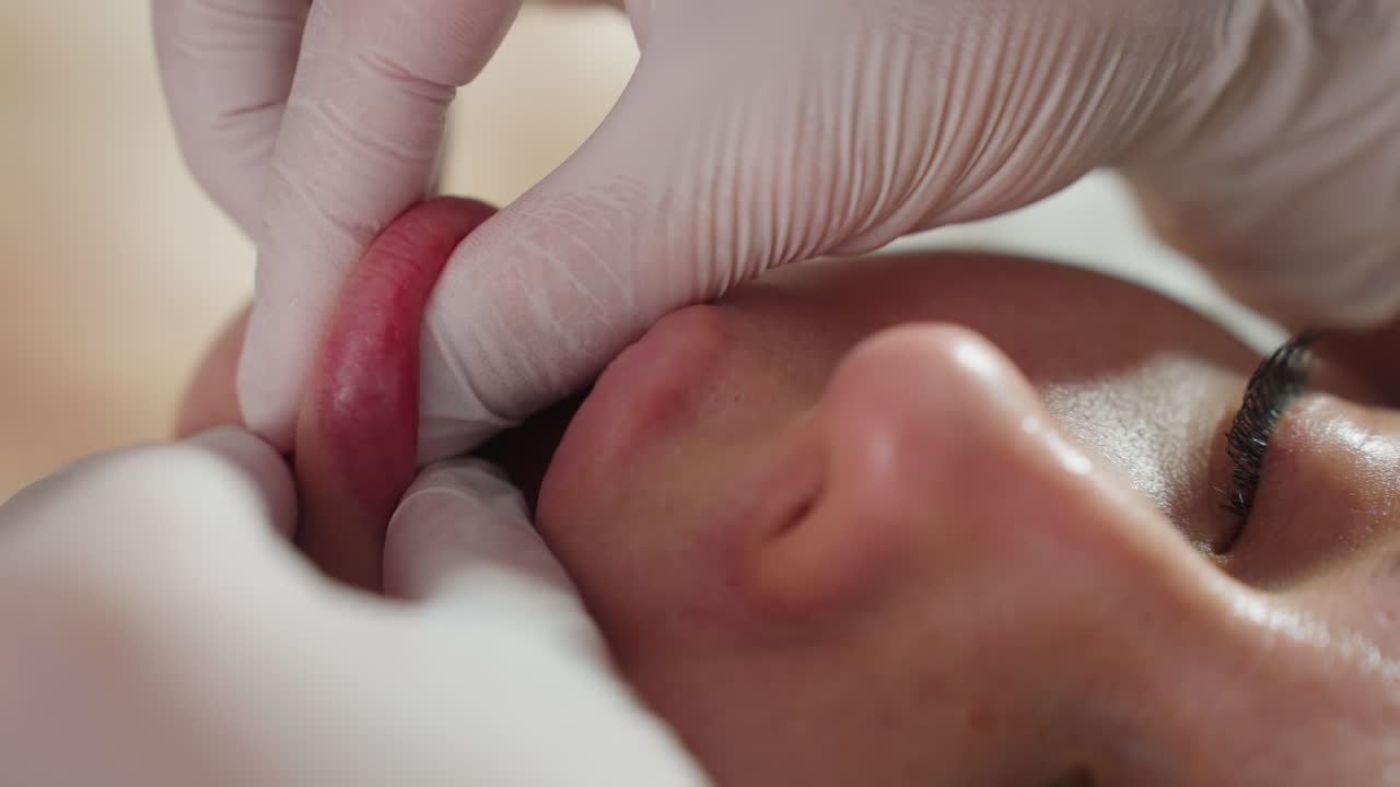 High angle close up of lower lips of elegant fair lady covered with blanket gently pressed and smoothed by beauty expert wearing protective gloves during facial massage under bright lamp