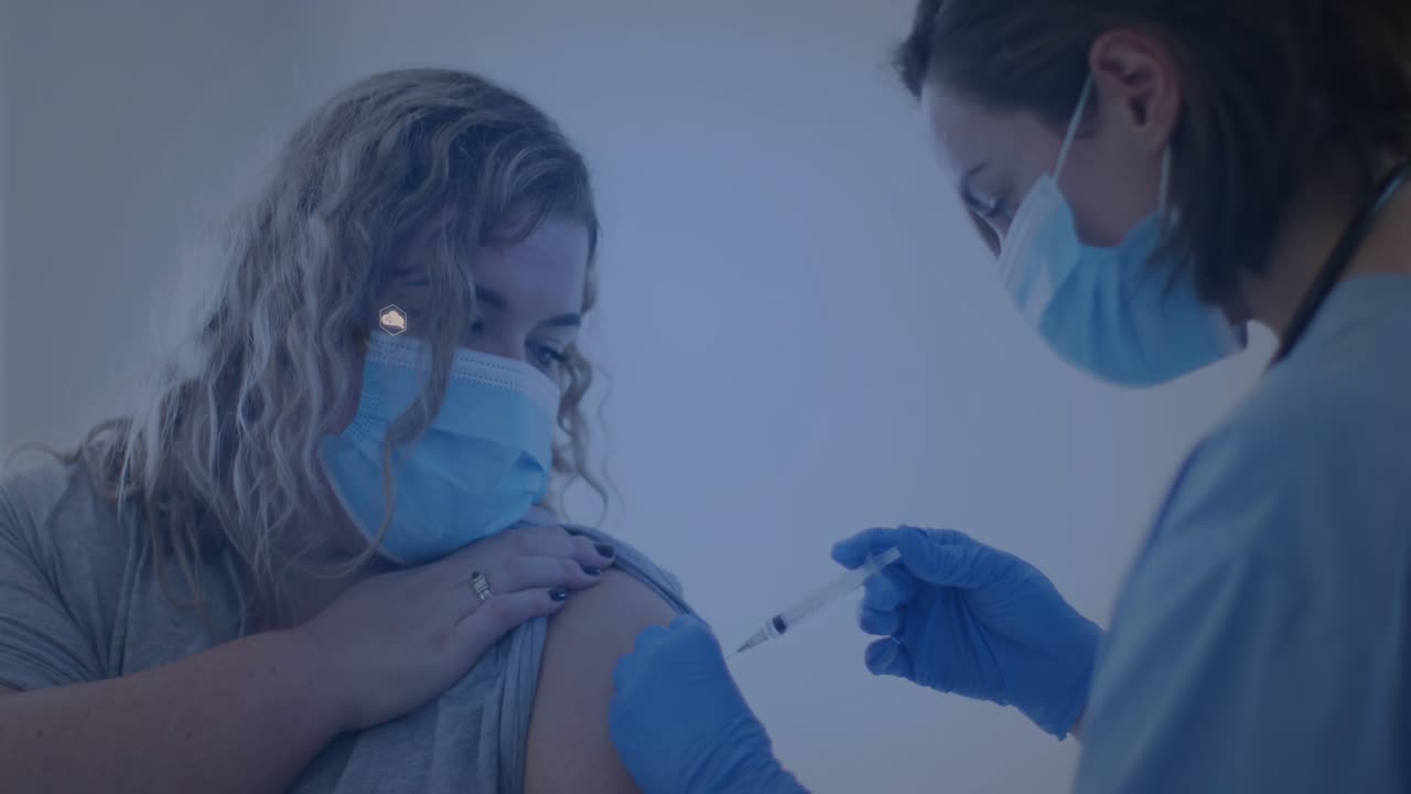 Patient pulling sleeve, nurse inserting syringe giving vaccine, med overlays expanding over needle