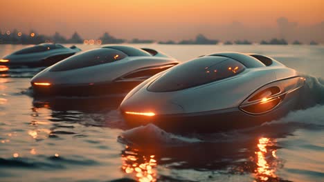 sleek futuristic watercraft at sunset