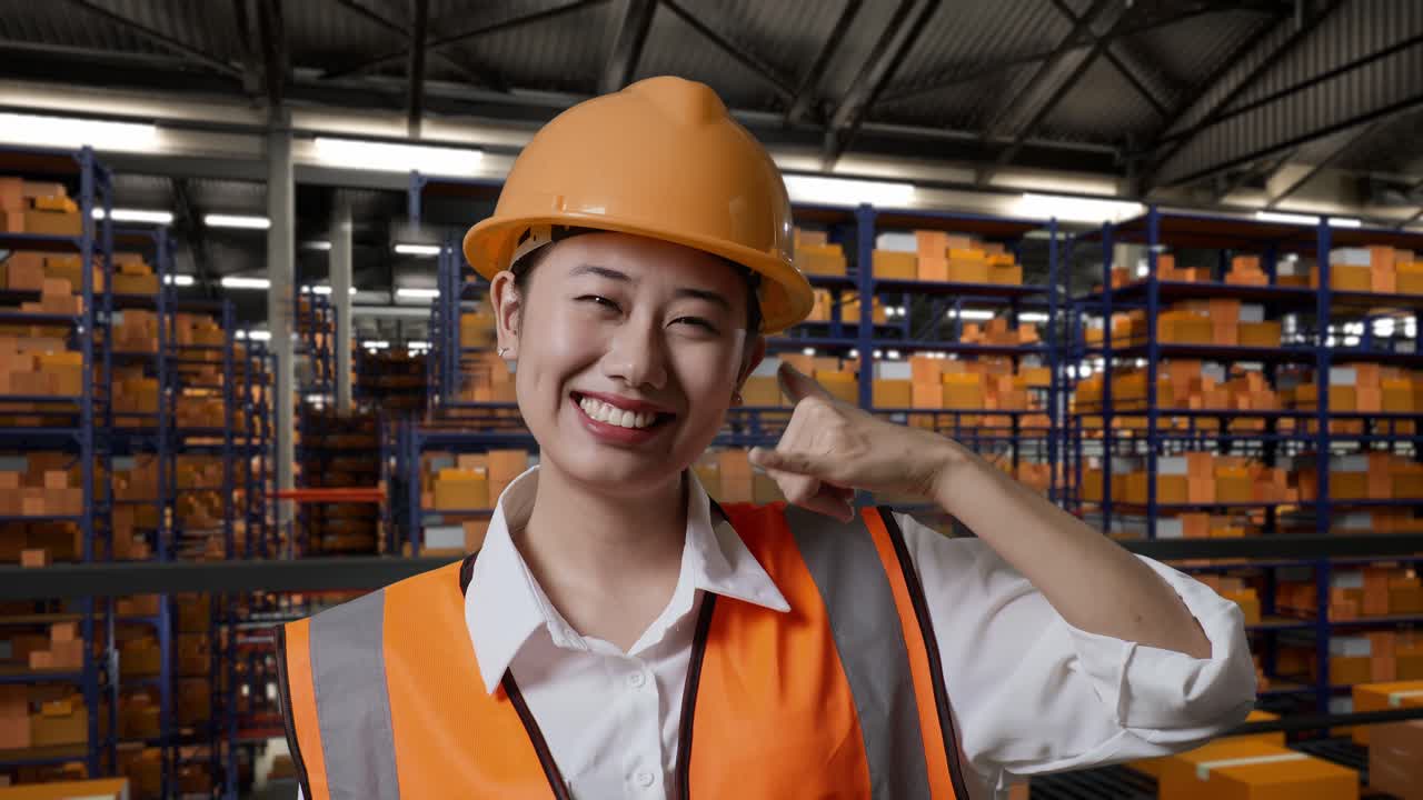 안전 헬을 입은 아시아 여성 엔지니어가 배달 물품으로 가득 찬 선반과 함께 창고에 서서 카메라에 미소 짓고 창고에서 나를 호출하는 몸짓을합니다.