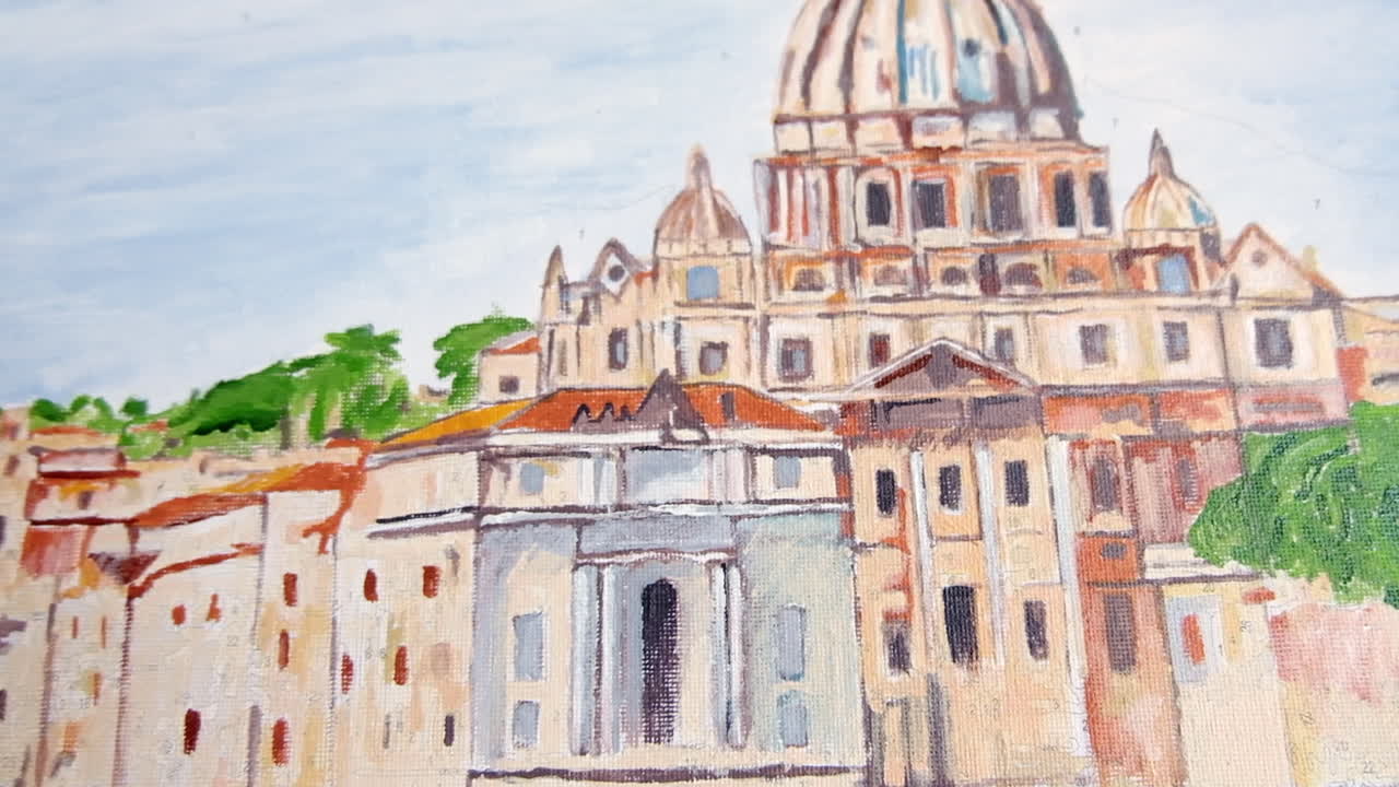 Close up of a painting of St. Peter's Basilica in Rome, Italy