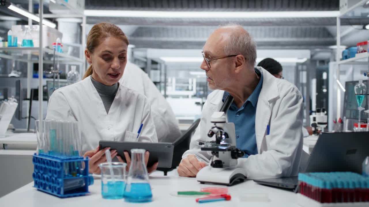 Mikrobiologer analyserer dias med bakteriekultur med en tablet.
