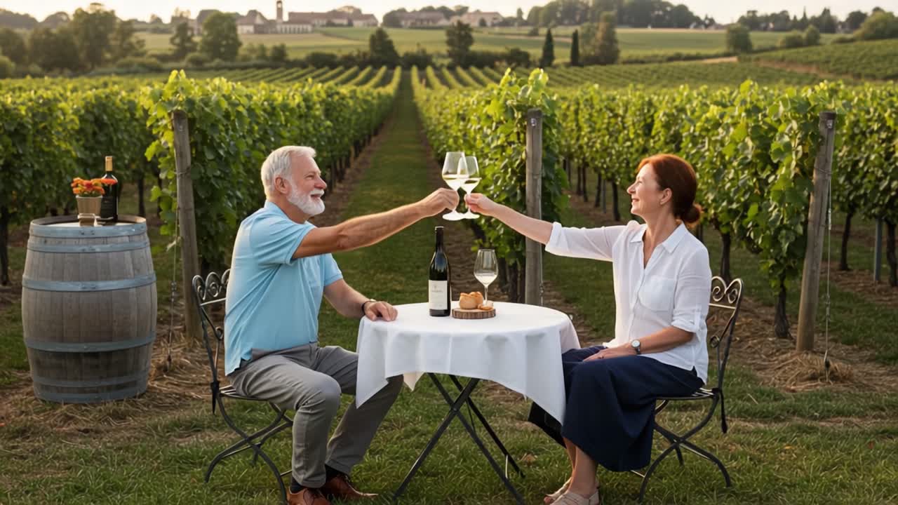 An Enchanting Evening in the Vineyard: A Joyful Couple Celebrates Amidst Lush Grapevines with Glasses Raised in Toast and Delicious Treats at Their Table