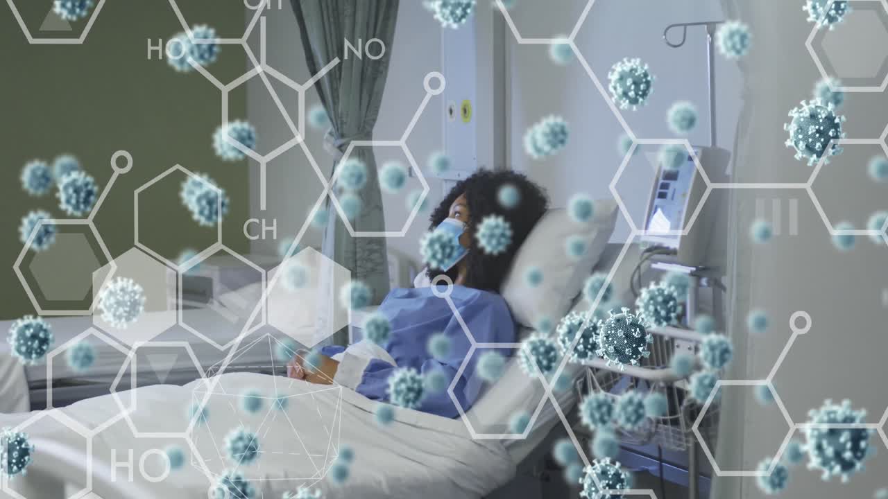 병원 침대에서 얼굴 마스크를 쓴 아프리카계 미국인 여성 환자 위의 코로나바이러스 세포의 애니메이션
