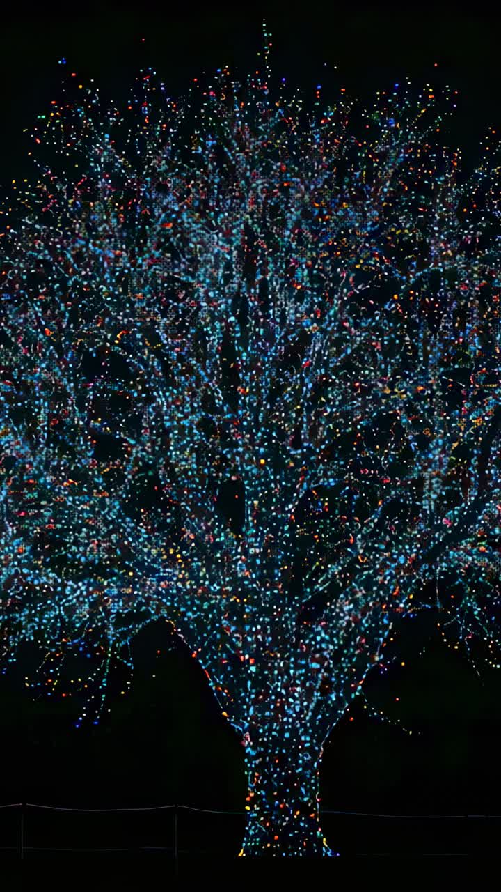 Vertical video: Twinkling tree wrapped in lights at park display, triggered by timed lights, rope