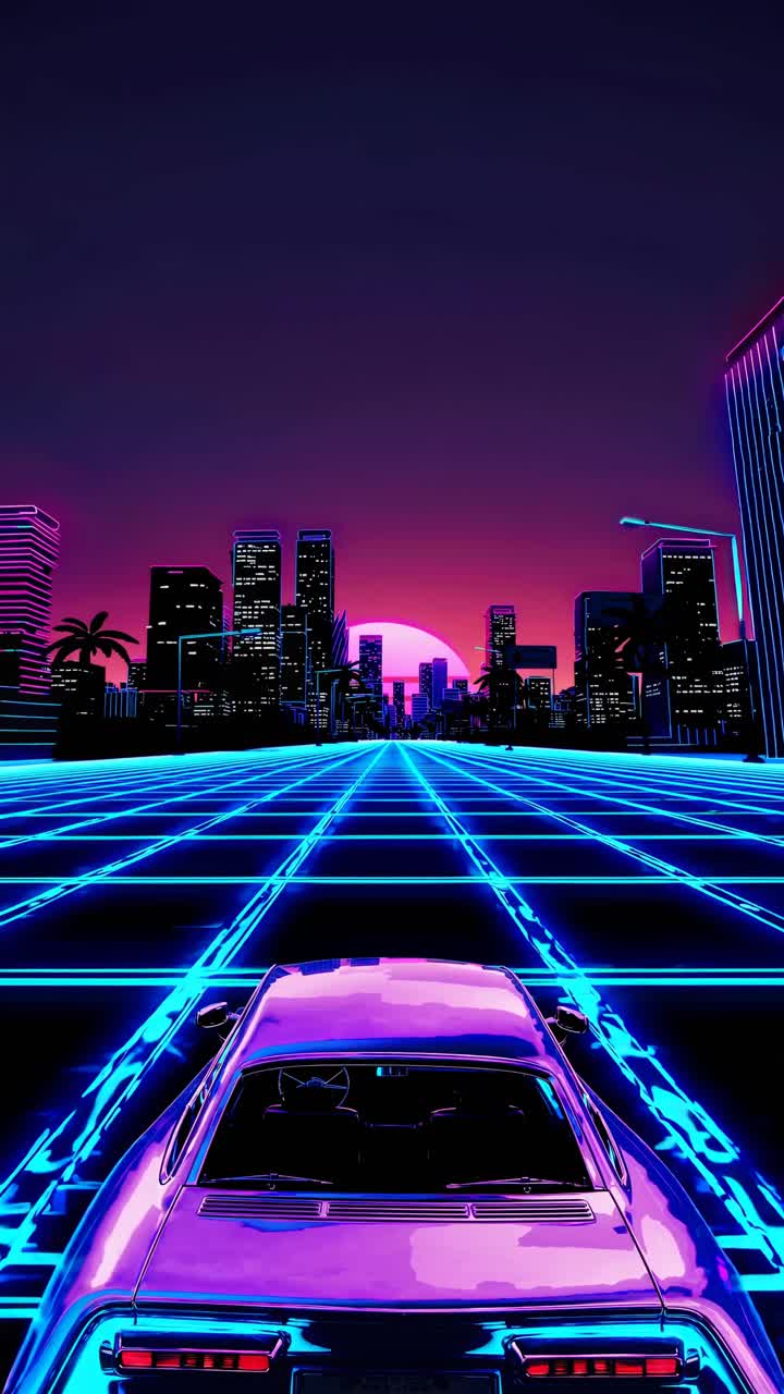 Paesaggio urbano retro-futuristico al tramonto con griglia al neon e auto in primo piano