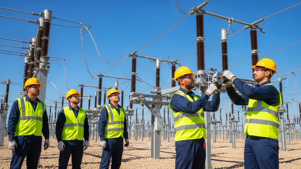 Team of Electricians Collaborating on High Voltage Equipment with Safety Gear: Focus on Efficient Electrical Infrastructure Maintenance and Teamwork Under Clear Skies
