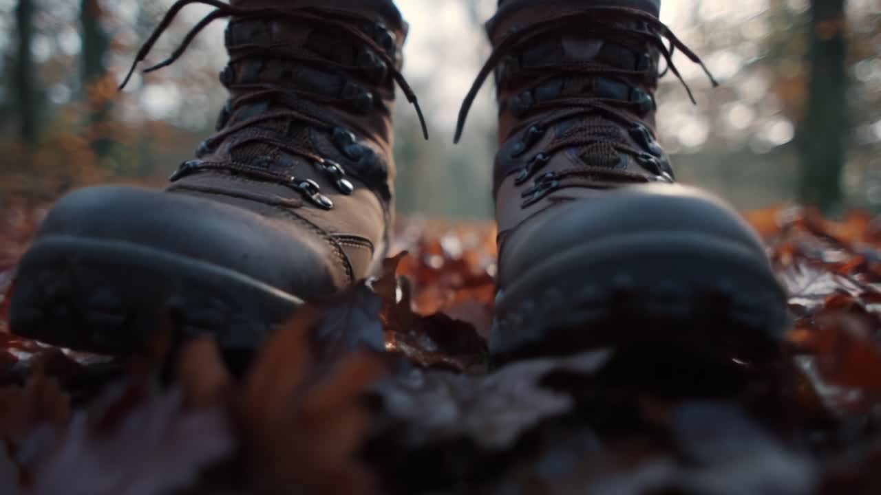 A close-up view of a sturdy hiking boot navigating through a carpet of colorful autumn leaves on a tranquil forest path, showcasing the beauty of nature and adventure