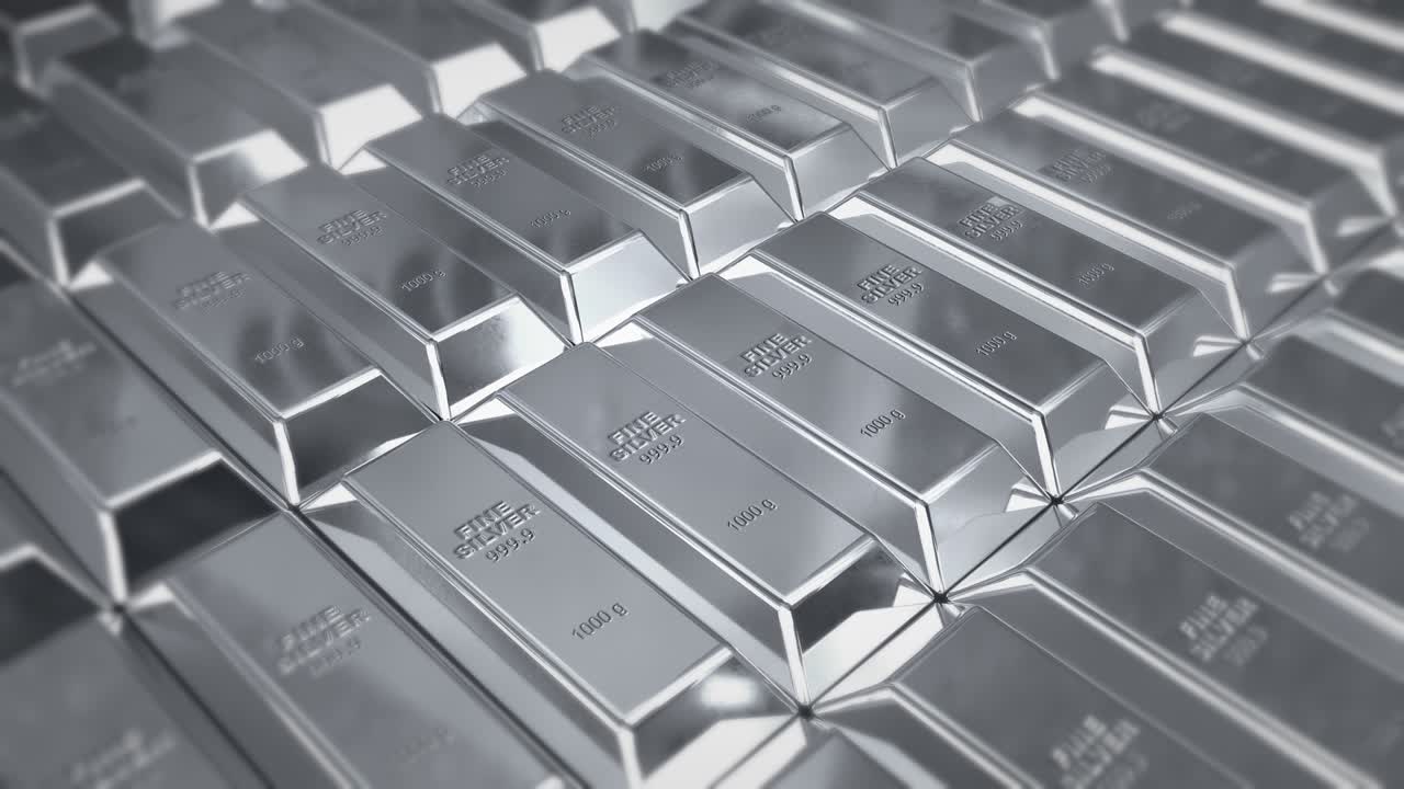 Beautiful Silver Bars on Metal Shelf with Bright Glowing Reflections Seamless. Looped 3d Animation of Silver Bullions in Silver Vault. Banking and Wealth Concept.