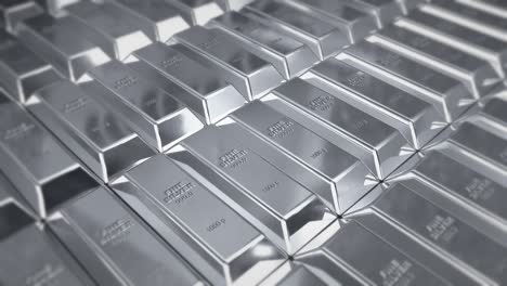 beautiful silver bars on metal shelf with bright glowing reflections seamless. looped 3d animation of silver bullions in silver vault. banking and wealth concept.