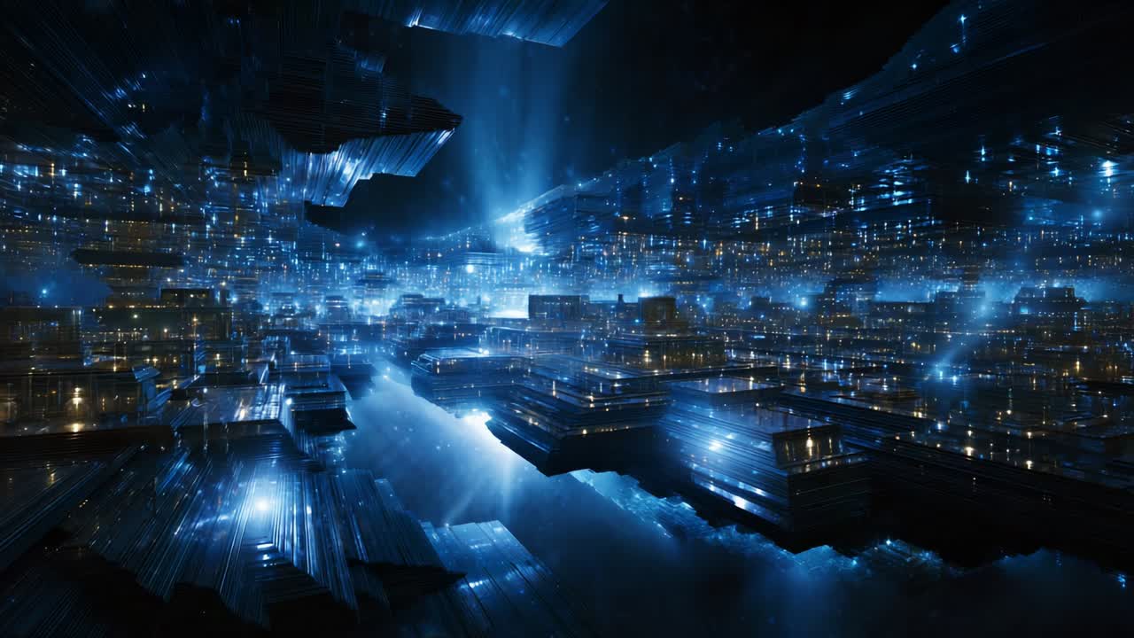 A Stunning Visualization of a Futuristic Digital Landscape with Floating Structures and Glimmering Lights, Creating a Mesmerizing Experience of Depth and Tranquility in an Ethereal Environment