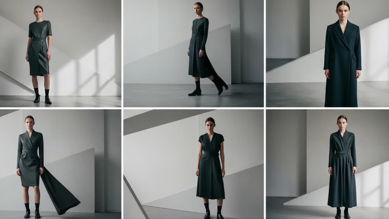 Exploring Minimalist Fashion: A Showcase of Elegant Dresses in Varied Styles Captured in Soft Natural Light and Architectural Setting
