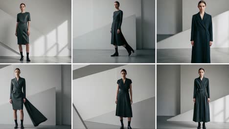exploring minimalist fashion: a showcase of elegant dresses in varied styles captured in soft natural light and architectural setting