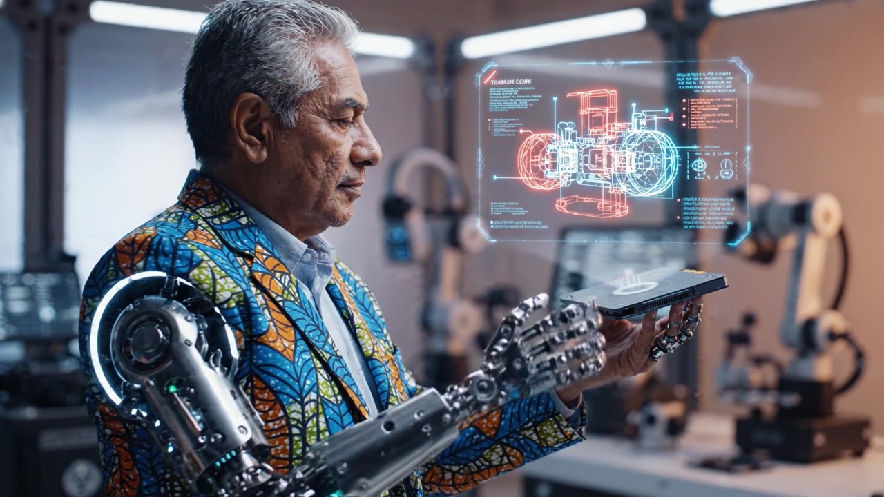 A senior man with a colorful jacket and advanced robotic arm interacts with holographic technology, showcasing the fusion of humanity and innovation in a modern lab.