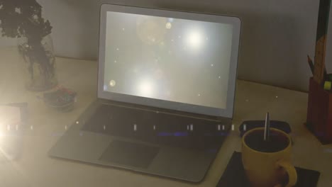 animation of statistics and financial data processing over laptop with spots of light on screen