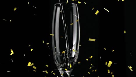 Animation-of-champagne-pouring-into-glass,-with-gold-confetti-falling-on-black-background