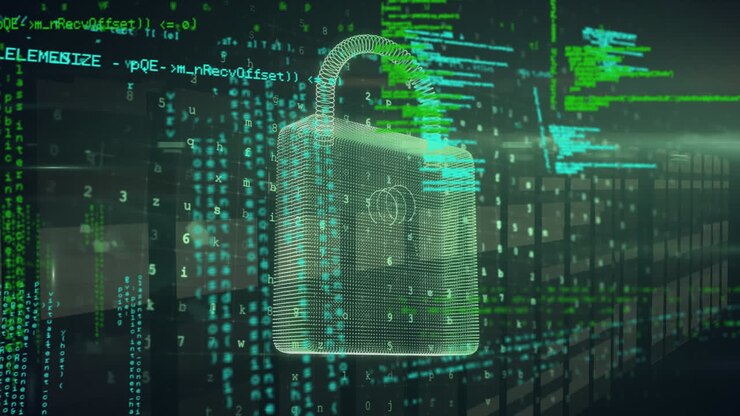 Animazione di uno schermo digitale con elaborazione dati e lucchetto digitale.