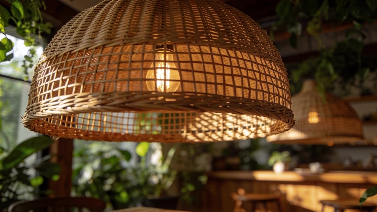 Avvicinamento della telecamera, lampada a sospensione in rattan che rivela il filamento e le ombre a reticolo, mettendo in mostra un caffè.