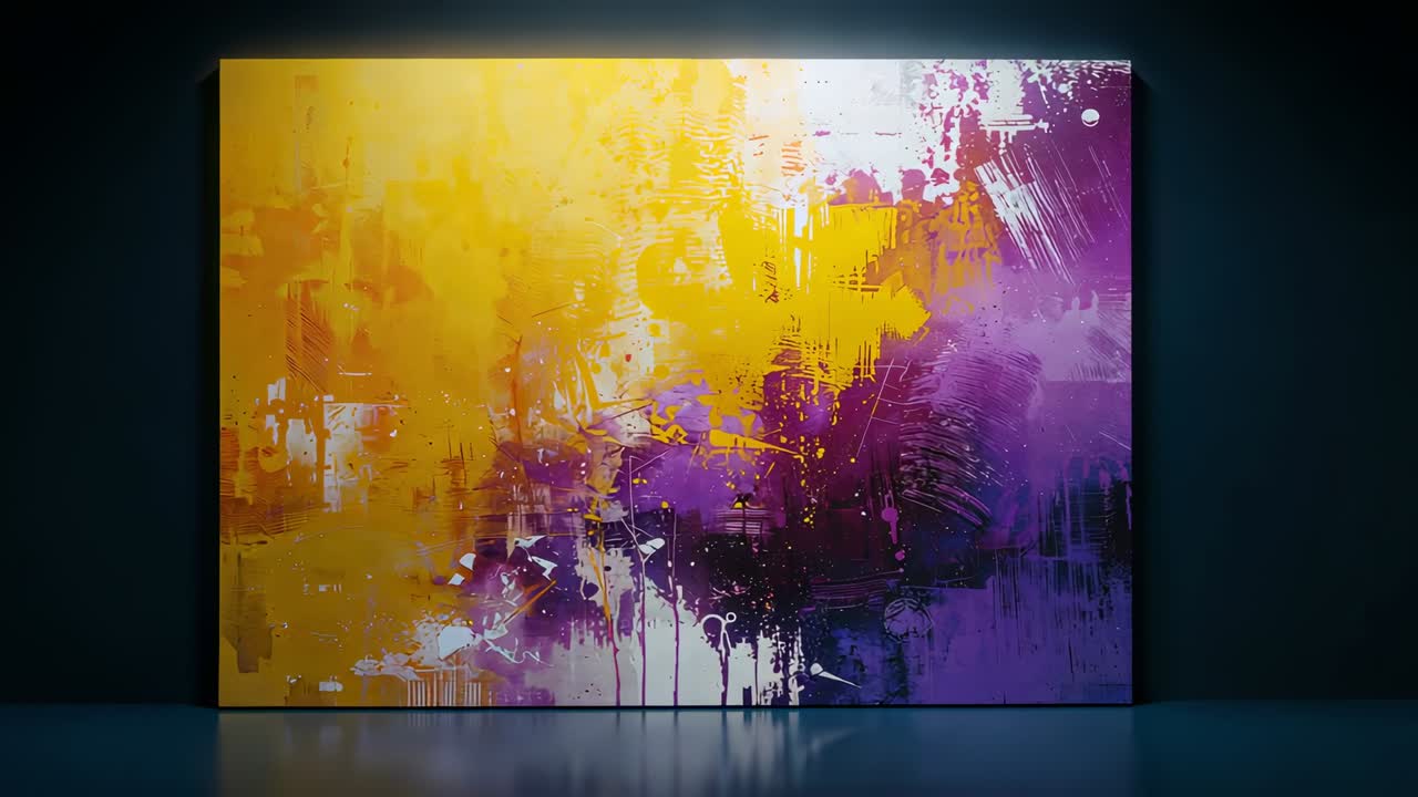 Spotlights illuminating abstract painting driving camera zooming across gallery revealing textures