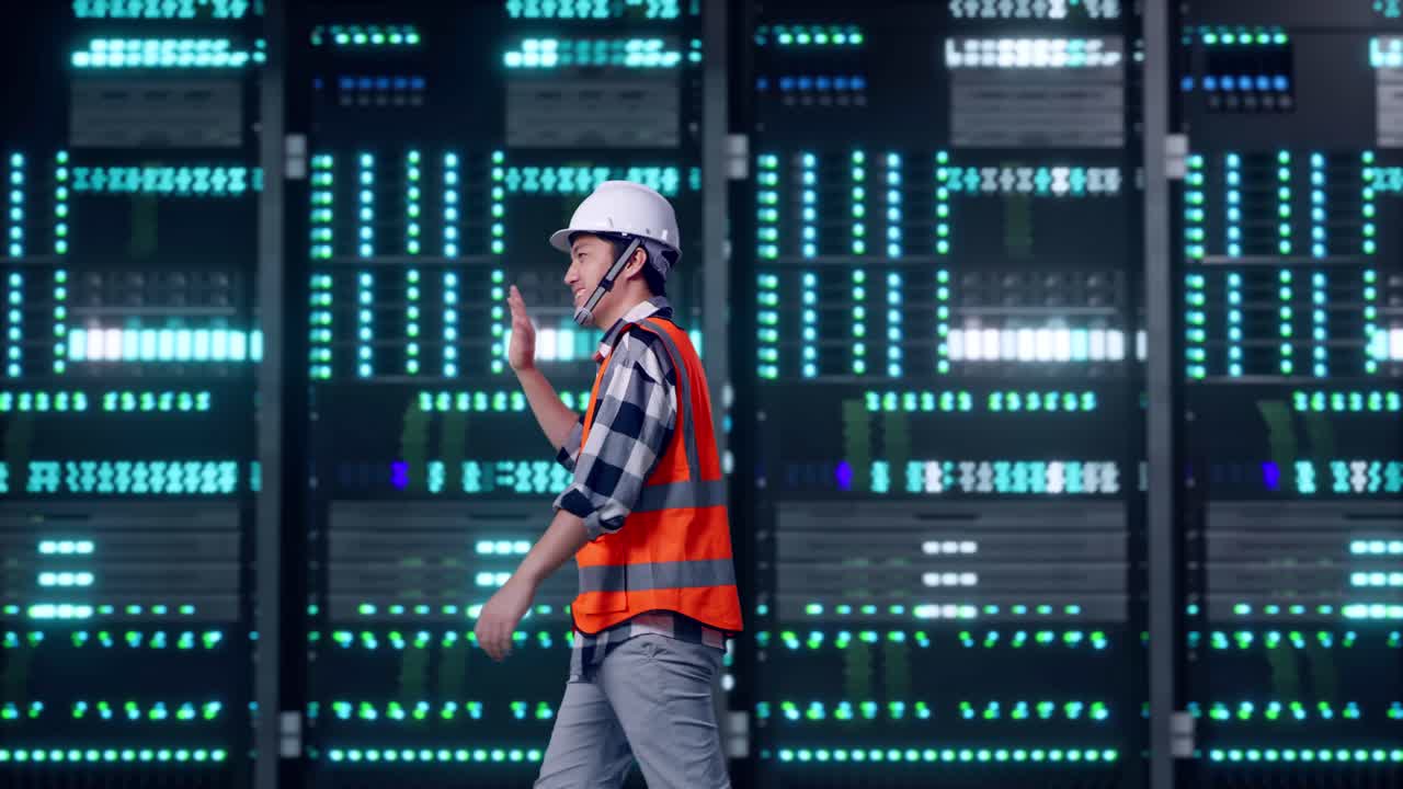 Side View of Asian Male Engineer Waving Hand Saying Bye While Walking in Server Room Data Center