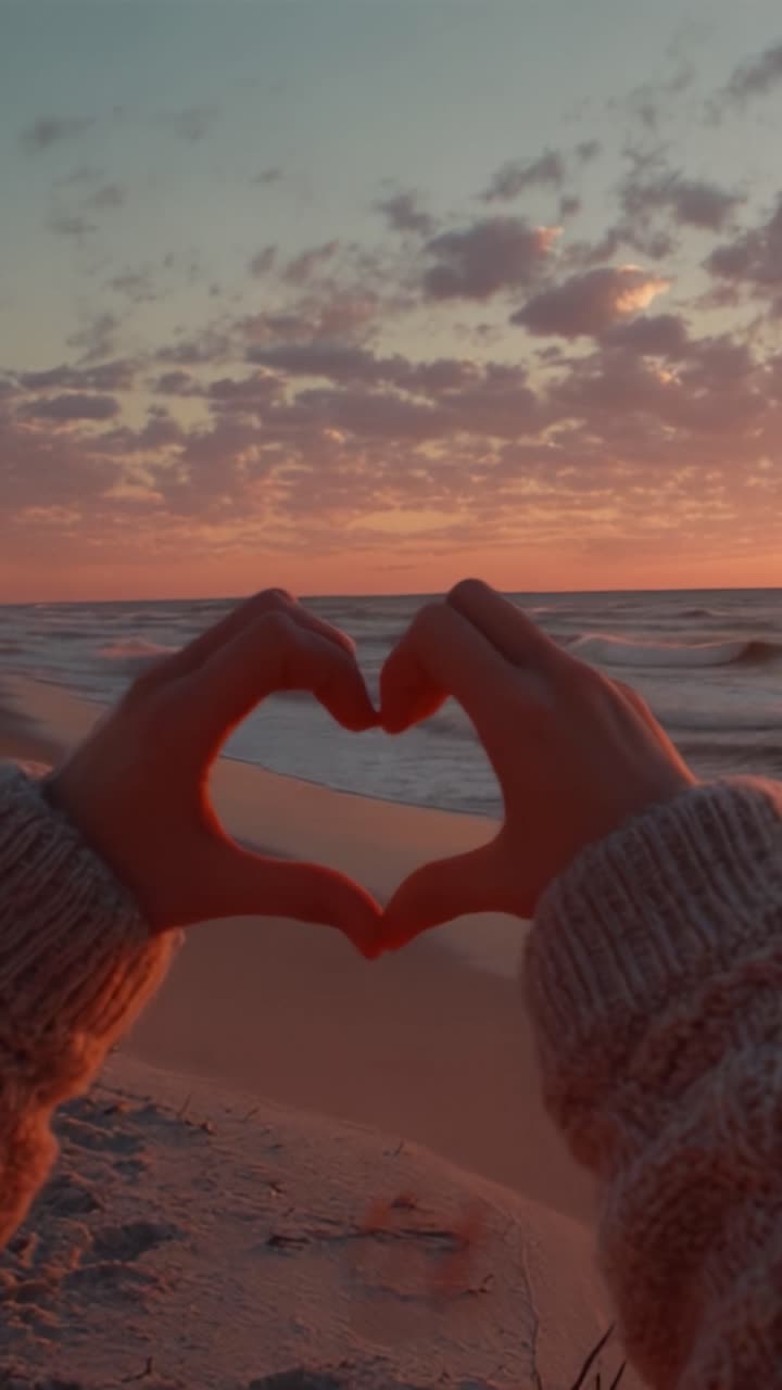 Um Gesto Romântico Contra um Pôr do Sol Deslumbrante na Praia, Exibindo Duas Mãos Formando um Coração na Atmosfera Serena do Crepúsculo à Beira-Mar