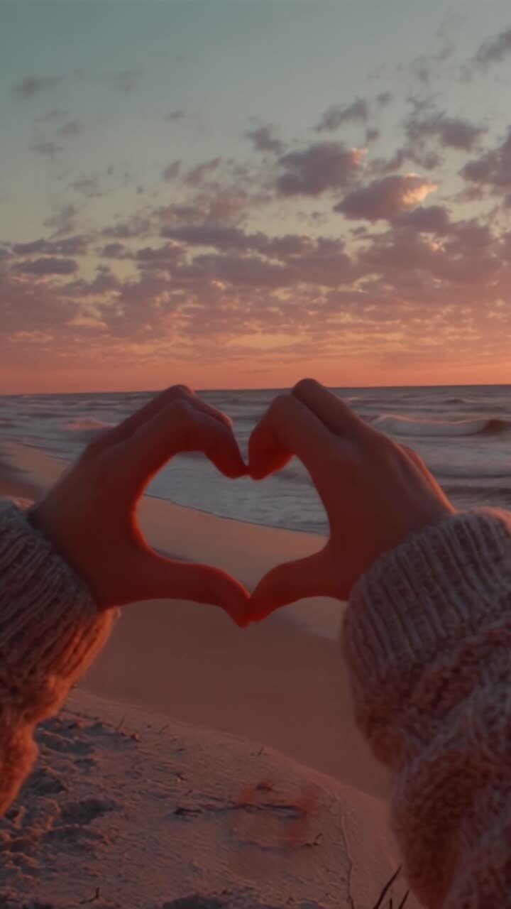 Un gesto romantico contro un tramonto mozzafiato sulla spiaggia, che mostra due mani che formano una forma di cuore nell'atmosfera serena del crepuscolo in riva al mare.