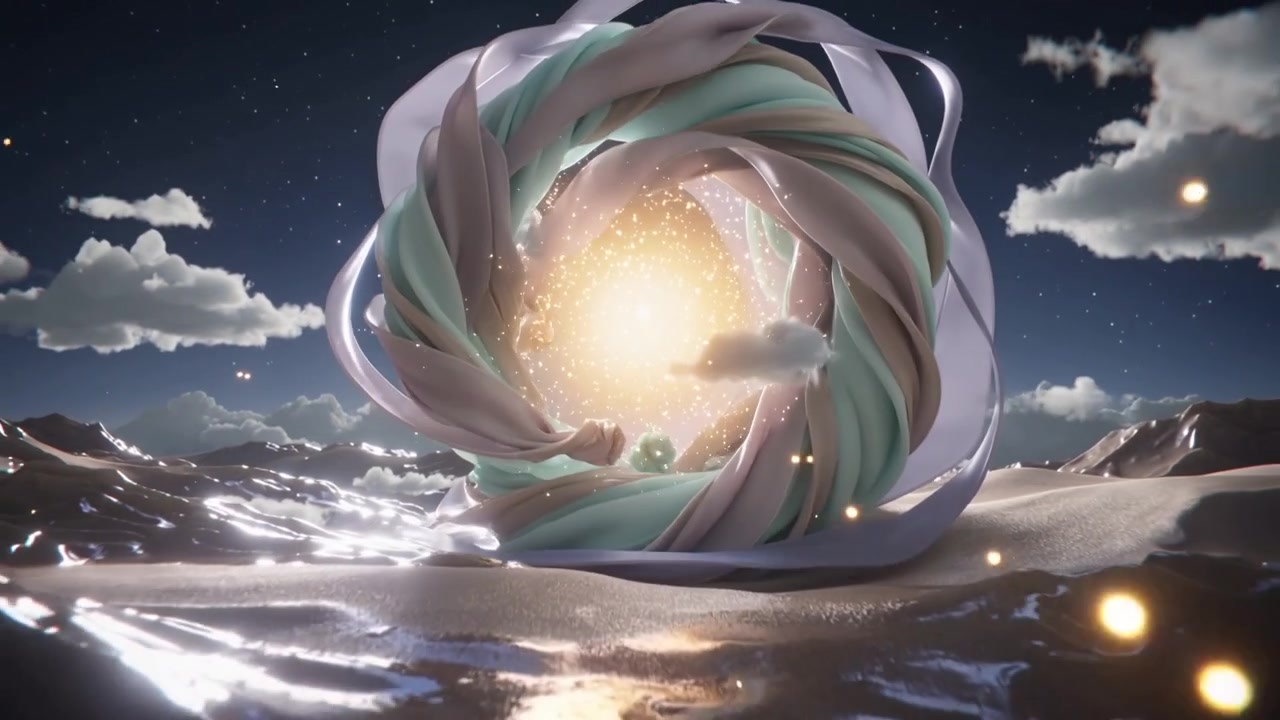 Formazione di un portale intrecciato, nastri pastello che si avvolgono a spirale sopra le nuvole, il nucleo che risplende di scintille sopra il mare.