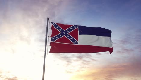 State flag of Mississippi waving in the wind. Dramatic sky background. 4K