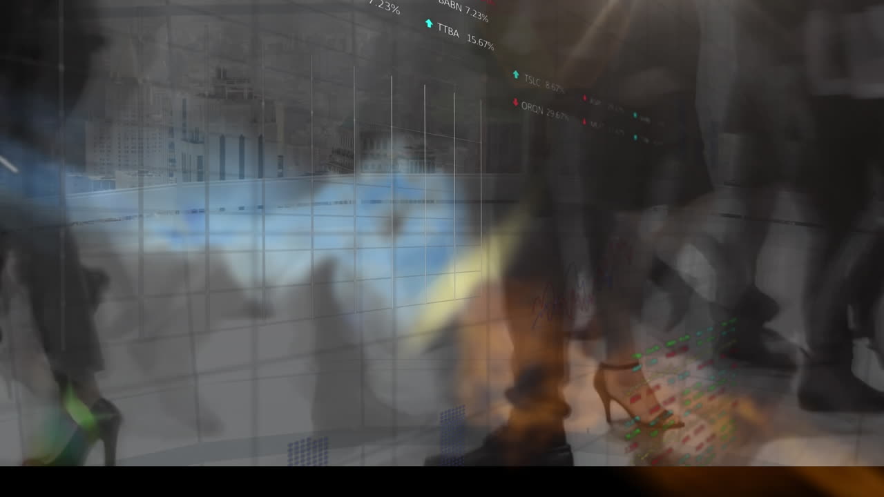 animación de lapso de tiempo con personas caminando y gráficos de acciones en la pantalla