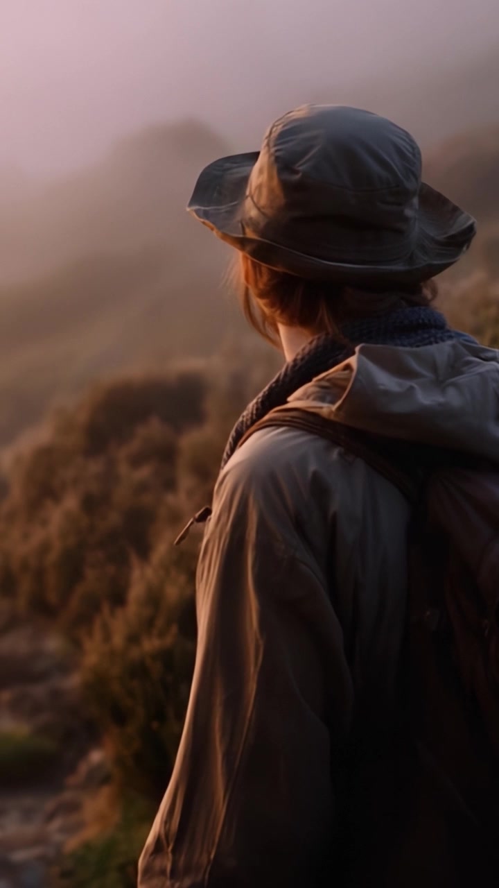 Una figura solitaria guarda l'orizzonte nebbioso, avvolta in una giacca e un cappello accoglienti, circondata dalla serena bellezza della natura all'alba o al tramonto.