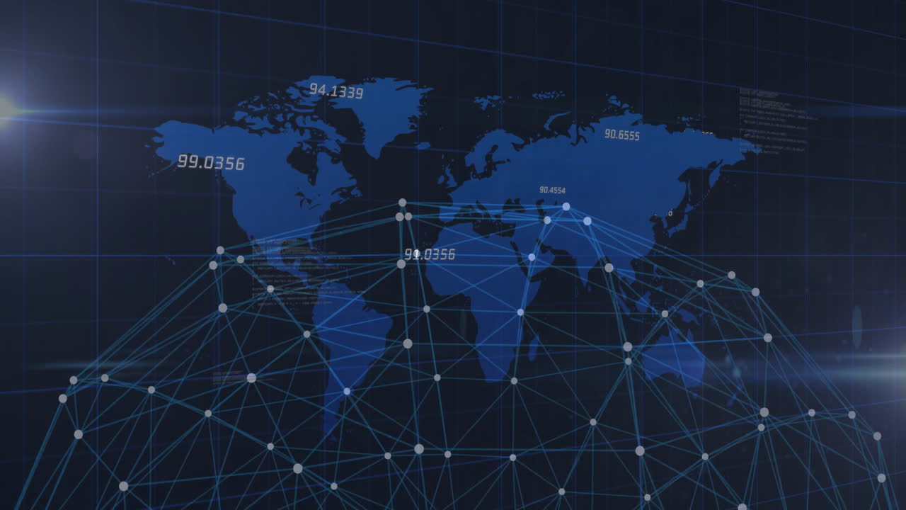 digital map showing glowing network nodes with numeric labels marking global data connections