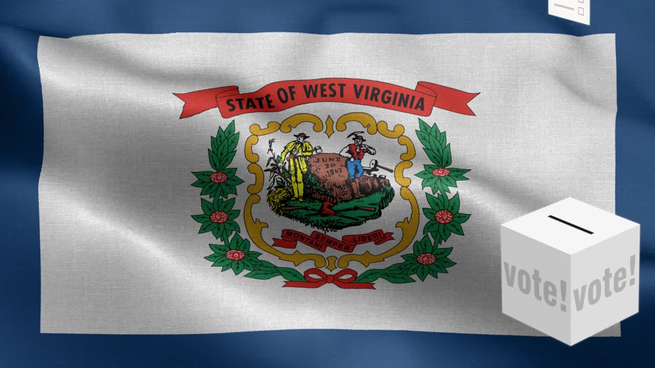 estado de virginia occidental - las papeletas de votación vuelan a la caja para la selección de virginia occidental - caja de votación frente a la bandera - elección - voto - bandera nacional patrón de onda del estado de virginia occidental elementos en bucle - textura de tela y bucle sin fin - estado de virginia oeste en bucle