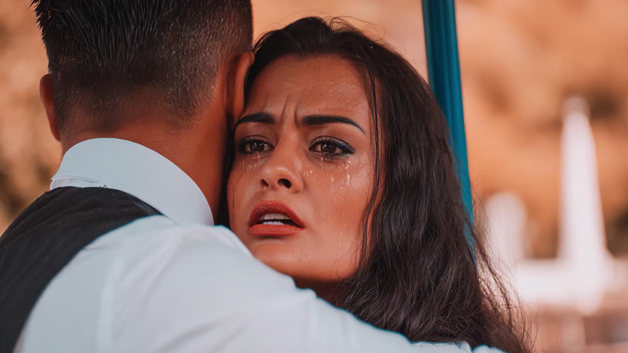 An Emotional Reunion: A Heartfelt Moment Captured Between Two Individuals as Tears Flow Amidst Unspoken Feelings and the Weight of Shared Memories Under the Umbrella